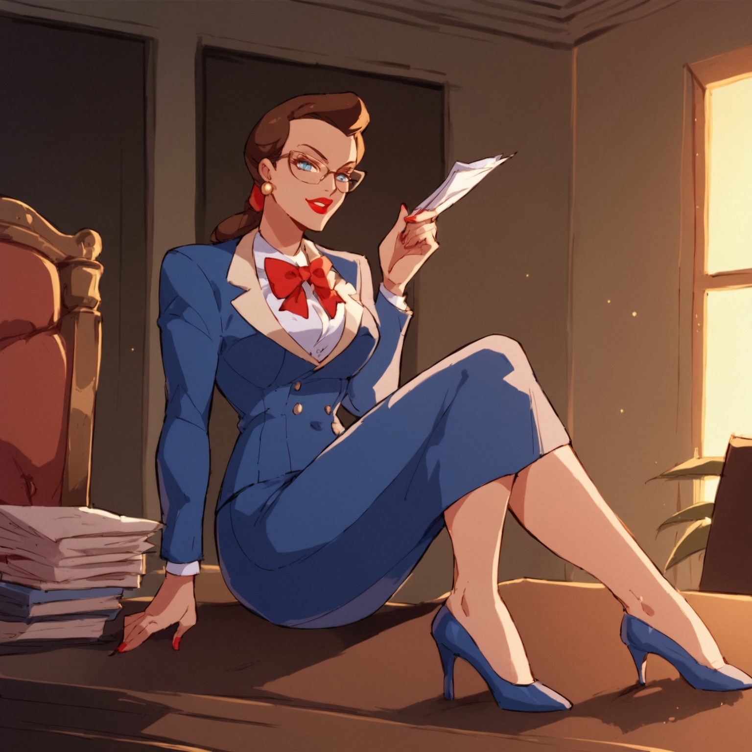 safe_pos, score_9, score_8_up, score_7_up, solo, 1girl, lipstick, ponytail, brown hair, blue eyes, formal, glasses, blue skirt suit, red bow ribbon, formal, earrings, breast, high heels, office, Janet Van Dorn (dc)