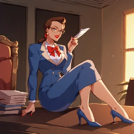 safe_pos, score_9, score_8_up, score_7_up, solo, 1girl, lipstick, ponytail, brown hair, blue eyes, formal, glasses, blue skirt suit, red bow ribbon, formal, earrings, breast, high heels, office, Janet Van Dorn (dc)