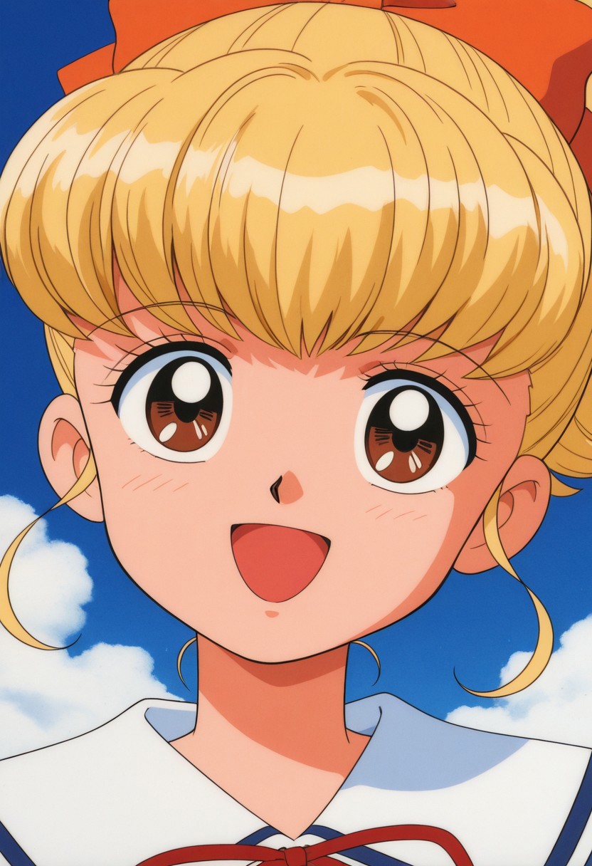 masterpiece, best quality, source_anime,official art,perfect_anatomy,1990s_\(style\),retro_artstyle,ririka moriya,1girl,brown eyes,blonde hair,hair bow,ponytail,bangs
school uniform,(beautiful detailed face,looking_at_viewer,smile,open mouth),portrait,close to viewer,day,blue_sky,cloud,