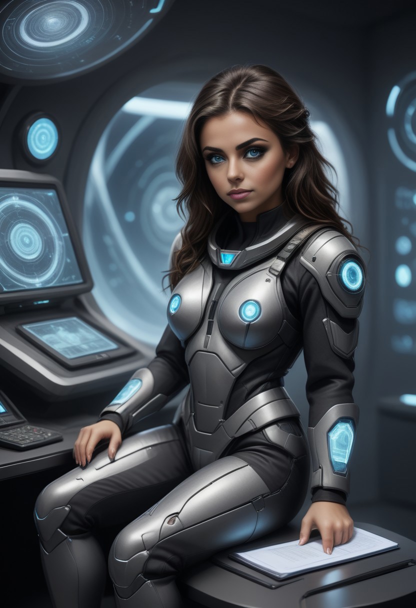 Natali_V3 a woman in a futuristic suit sitting at a desk