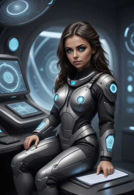 Natali_V3 a woman in a futuristic suit sitting at a desk