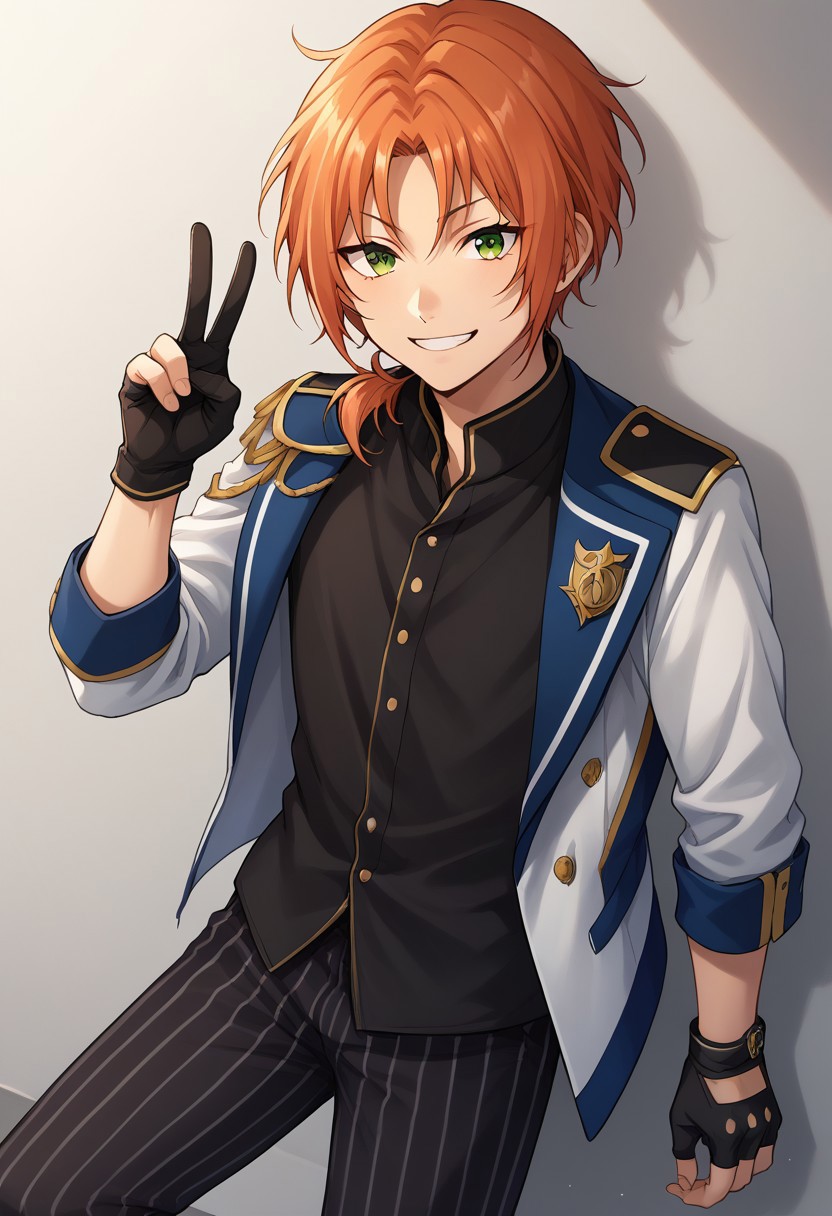 score_9, score_8_up, score_7_up, source_anime, highly detailed, 
leotsukinaga, 1boy, male focus, solo, gloves, green eyes, striped, black gloves, fingerless gloves, orange hair, pants, jacket, white jacket,
epaulettes, looking at viewer, black shirt, striped pants, shirt, idol clothes,
vertical stripes, boots, sash, open jacket, open clothes, knights uniform, ponytail, short ponytail, duck face, v sign, v sign over eye, smile
indoor,