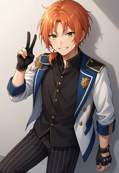 score_9, score_8_up, score_7_up, source_anime, highly detailed,
leotsukinaga, 1boy, male focus, solo, gloves, green eyes, striped, black gloves, fingerless gloves, orange hair, pants, jacket, white jacket,
epaulettes, looking at viewer, black shirt, striped pants, shirt, idol clothes,
vertical stripes, boots, sash, open jacket, open clothes, knights uniform, ponytail, short ponytail, duck face, v sign, v sign over eye, smile
indoor,
