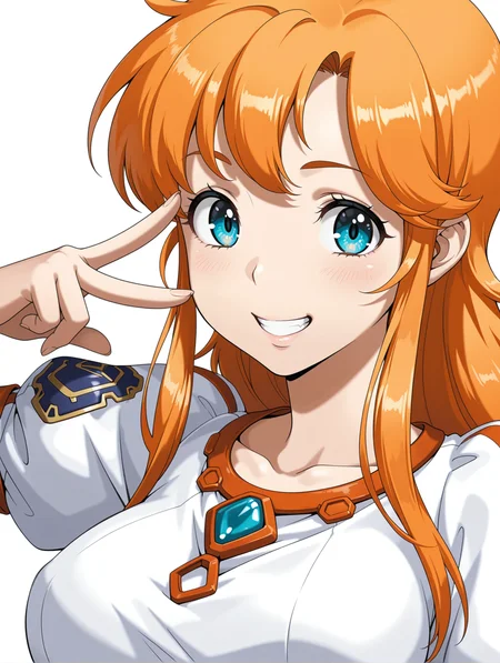 masterpiece,best quality,amazing quality,
1girl,solo,
<lora:l_chris_ilxl_v1.1:1>,chris,long hair,orange hair,blue eyes,
c_clothes,crop top,
<lora:Fixhands_anime_bdsqlsz_V1:1>,white_background,simple_background,looking_at_viewer,upper_body,grin,v over eye,portrait,