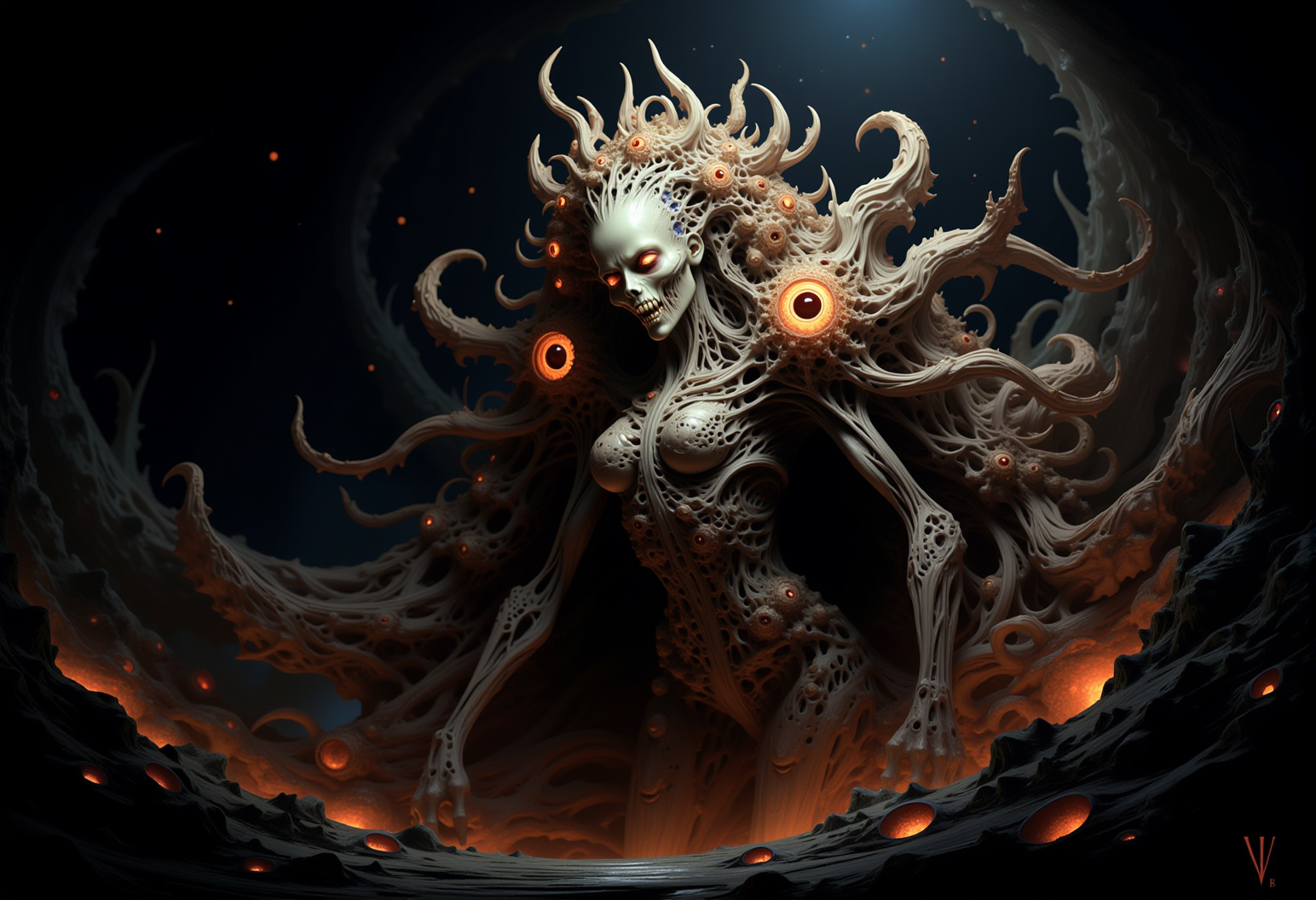 bv-mychorwo, mycelium, horror,. a twisted mycelium queen with a living, skeletal crown that pulses with dark energy, captured in moody, oppressive lighting that deepens the dread, with light barely illuminating its grotesque features, surrounded by swarms of spores glowing with a sickly, otherworldly luminescence| A full-body shot of a fungal horror creature with grotesquely twisted limbs that crack as they move, standing in a dystopian, decayed city overrun by an intelligent, aggressive mycelium, featuring details that make the fungal textures look as though theyâre moving and alive, rendered as a grim, hyper-detailed digital painting| A surreal fungal entity resembling a twisted plant-like being with hollow, glowing sockets hinting at something ancient and evil, set against a fungal cave where shadows shift and move unnaturally, depicted with sharp focus that reveals every unsettling detail of its twisted, organic form, inspired by the darkest elements of body horror and ancient mythos} , <lora:bv-mycelium-horror-world-v1.safetensors:1.0:1.0>