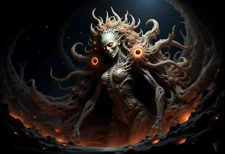 bv-mychorwo, mycelium, horror,. a twisted mycelium queen with a living, skeletal crown that pulses with dark energy, captured in moody, oppressive lighting that deepens the dread, with light barely illuminating its grotesque features, surrounded by swarms of spores glowing with a sickly, otherworldly luminescence| A full-body shot of a fungal horror creature with grotesquely twisted limbs that crack as they move, standing in a dystopian, decayed city overrun by an intelligent, aggressive mycelium, featuring details that make the fungal textures look as though theyâre moving and alive, rendered as a grim, hyper-detailed digital painting| A surreal fungal entity resembling a twisted plant-like being with hollow, glowing sockets hinting at something ancient and evil, set against a fungal cave where shadows shift and move unnaturally, depicted with sharp focus that reveals every unsettling detail of its twisted, organic form, inspired by the darkest elements of body horror and ancient mythos} , <lora:bv-mycelium-horror-world-v1.safetensors:1.0:1.0>
