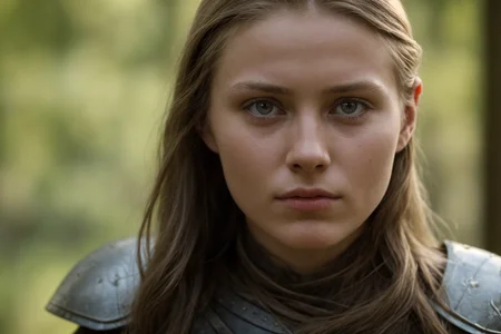close up photo of a beautiful Heroic young Nordic woman, warrior looking at viewer, shy, film grain, bokeh