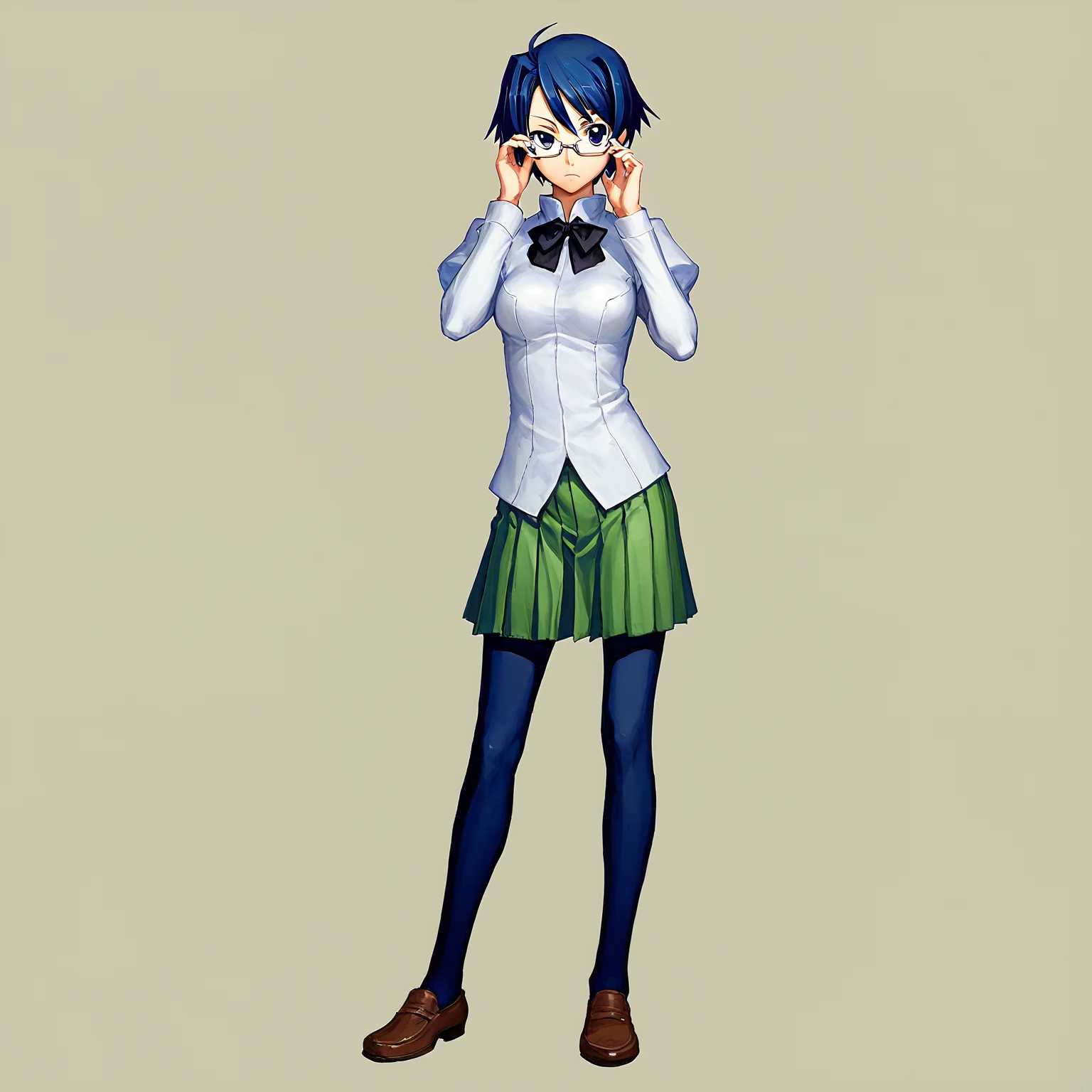 score_9, score_8_up, score_7_up,
BREAK
1girl, solo, standing, looking at viewer, full body,
<lora:Katawa_Shoujo_charpack-000010:1>, katawa shoujo, yamaku high school uniform,
hakamichi shizune, blue eyes, blue hair, glasses,
adjusting eyewear, simple background,