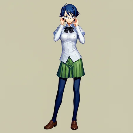 score_9, score_8_up, score_7_up,
BREAK
1girl, solo, standing, looking at viewer, full body,
<lora:Katawa_Shoujo_charpack-000010:1>, katawa shoujo, yamaku high school uniform,
hakamichi shizune, blue eyes, blue hair, glasses,
adjusting eyewear, simple background,