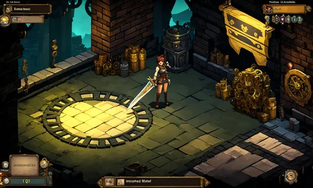 isometric landscape, a girl carrying a large sword, steampunk,screenshot from game, dark mood, best quality, masterpiece, <lora:supgiantisosdxl:0.8>, painted, supgiantisosdxl, large landscape, dark, cartoon, wanted posters on walls, bricks, golden gears,