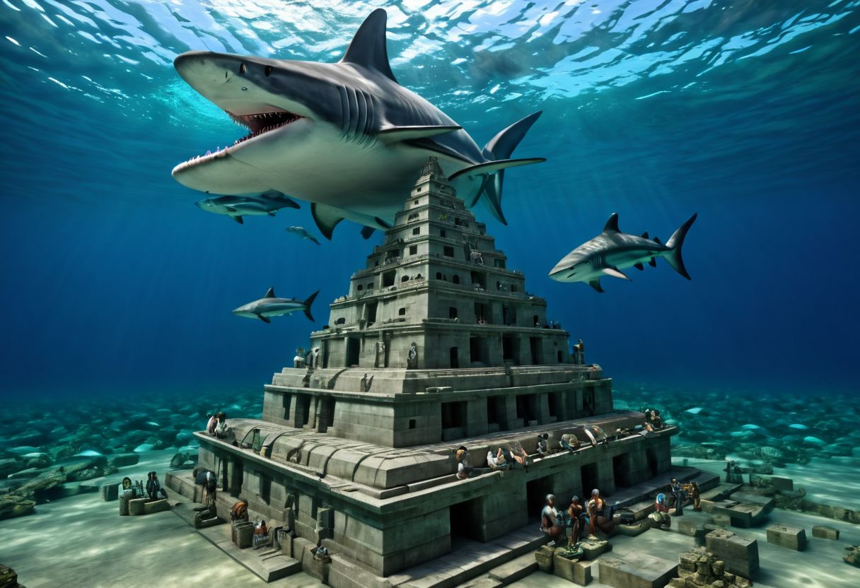 High Detailed photo underwater, arafed structure made of concrete blocks on the bottom of the ocean, epic 3 d yemaya, 1 5 6 6, artdeco, pyramid visor, 1666, jade, sci-fiish, artdevian, riding, steps, ffffound, hispanic, see fishes swimming, SC I  Y', online, small fish and two large sharks swim