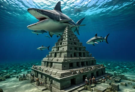 High Detailed photo underwater, arafed structure made of concrete blocks on the bottom of the ocean, epic 3 d yemaya, 1 5 6 6, artdeco, pyramid visor, 1666, jade, sci-fiish, artdevian, riding, steps, ffffound, hispanic, see fishes swimming, SC I  Y', online, small fish and two large sharks swim
