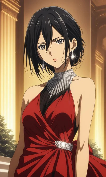 1girl, Mikasa Ackerman from Shingeki no Kyojin,BREAK source_anime, best quality , red dress, jewelry, earrings, evening dress, <lora:Red_dress:1>