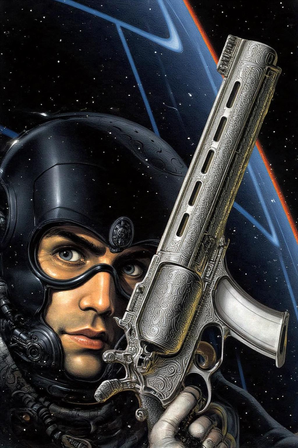 juangimenez1 illustration. A man in a sleek black helmet with a high-tech visor holds an elaborately decorated gun. The figure's helmet has intricate designs and a metallic appearance. In the background, a star-filled space features a large circular structure with a glowing edge. <lora:juangimenez1_cap_d8a4e12:1.0><lora:857651611827192999:0>