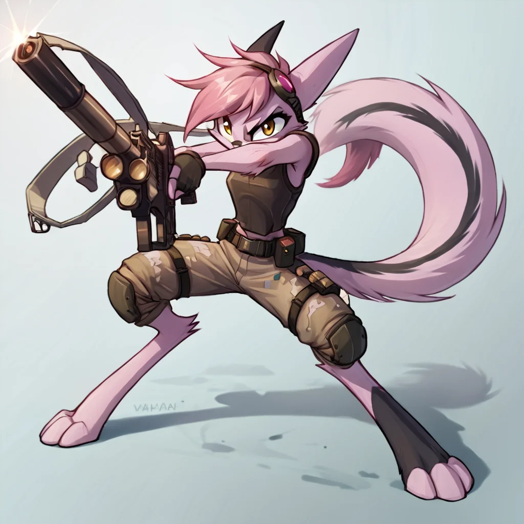 score_9, score_8_up, score_7_up, score_6_up, score_5_up, score_4_up, source_anime, BREAK
<lora:ViriathusPony:0.8>,viriathusvayu,
, , solo, weapon, furry, gun, holding, tail, pink hair, animal ears, furry female, holding weapon,one leg is dark fur color
