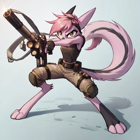 score_9, score_8_up, score_7_up, score_6_up, score_5_up, score_4_up, source_anime, BREAK
<lora:ViriathusPony:0.8>,viriathusvayu,
, , solo, weapon, furry, gun, holding, tail, pink hair, animal ears, furry female, holding weapon,one leg is dark fur color
