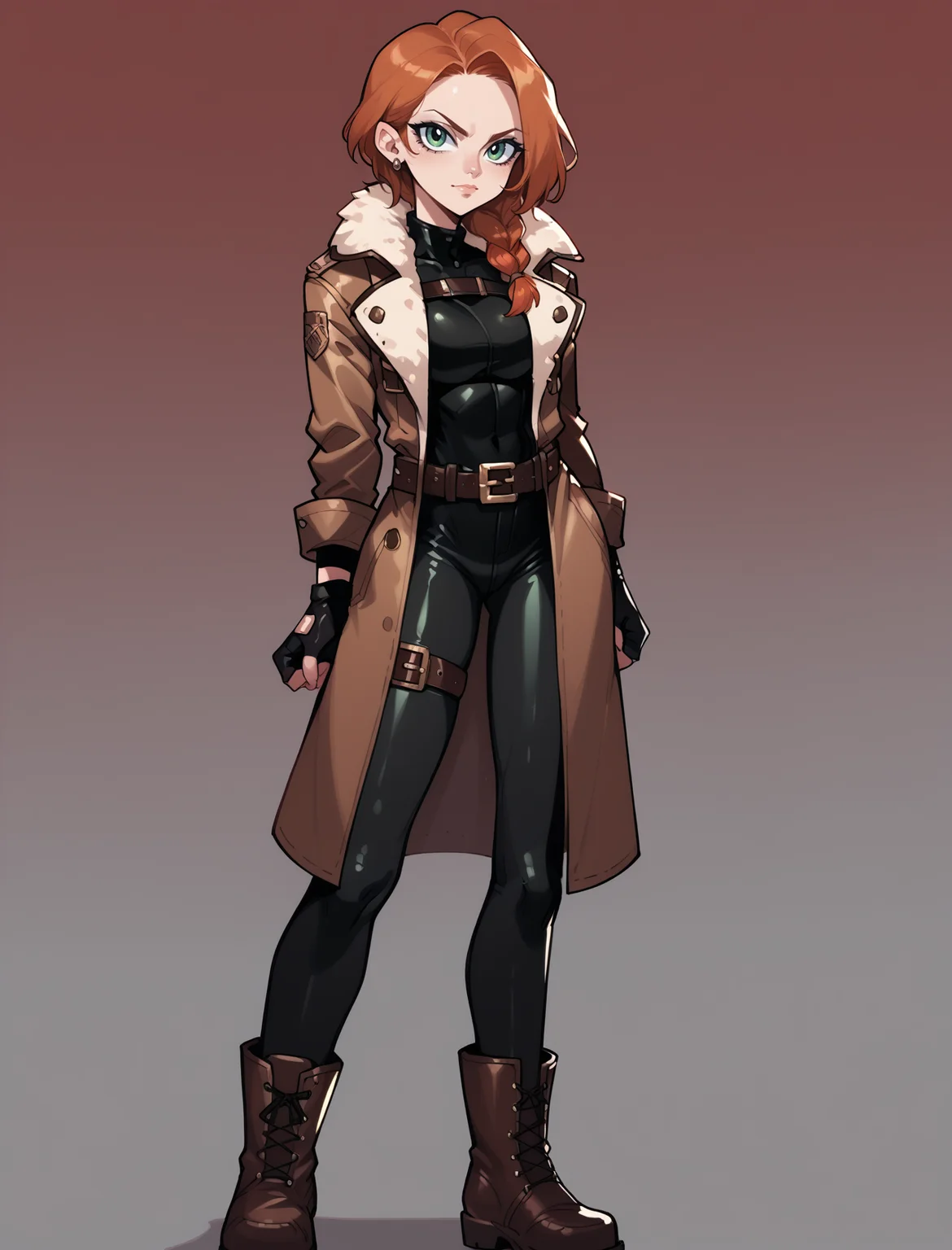 (score_9_up, score_8_up), score_7_up, 1girl, portrait of a girl, Copper hair,single braid hair, wearing a brown leather coat, fur, belt, fingerless gloves, boscoat,black tight jumpsuit, fur collar, long coat, long combat boots, half body, Standing with hands behind the back, looking at viewer,<lora:BOSBattlecoat:0.9>, red sky, <lora:powerpuff_girls_Kim_Crab_style:0.8>