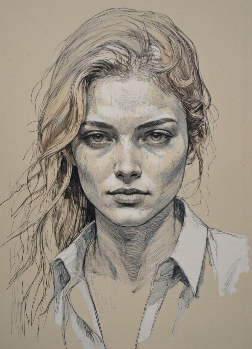 A portrait of a young woman, drawn in a realistic style with a focus on texture and detail, captured from a portrait camera angle. the image is a close-up portrait, focusing on the subject's face and upper body. on the middle of the image, a woman appears to be in her early twenties, with a neutral expression, looking directly at the viewer. she has long, wavy, light brown hair that falls down her back, and her eyes are a striking brown color. she is wearing a white collared shirt, which is slightly unbuttoned to reveal her collarbone. her lips are slightly parted, and she has a subtle, slightly upturned nose. the background is a plain, light beige color, which contrasts with the woman's features and creates a sense of depth and dimensionality. the drawing is done in black and white, with subtle shading and highlights that give it a slightly textured appearance, adding to the overall sense of realism.