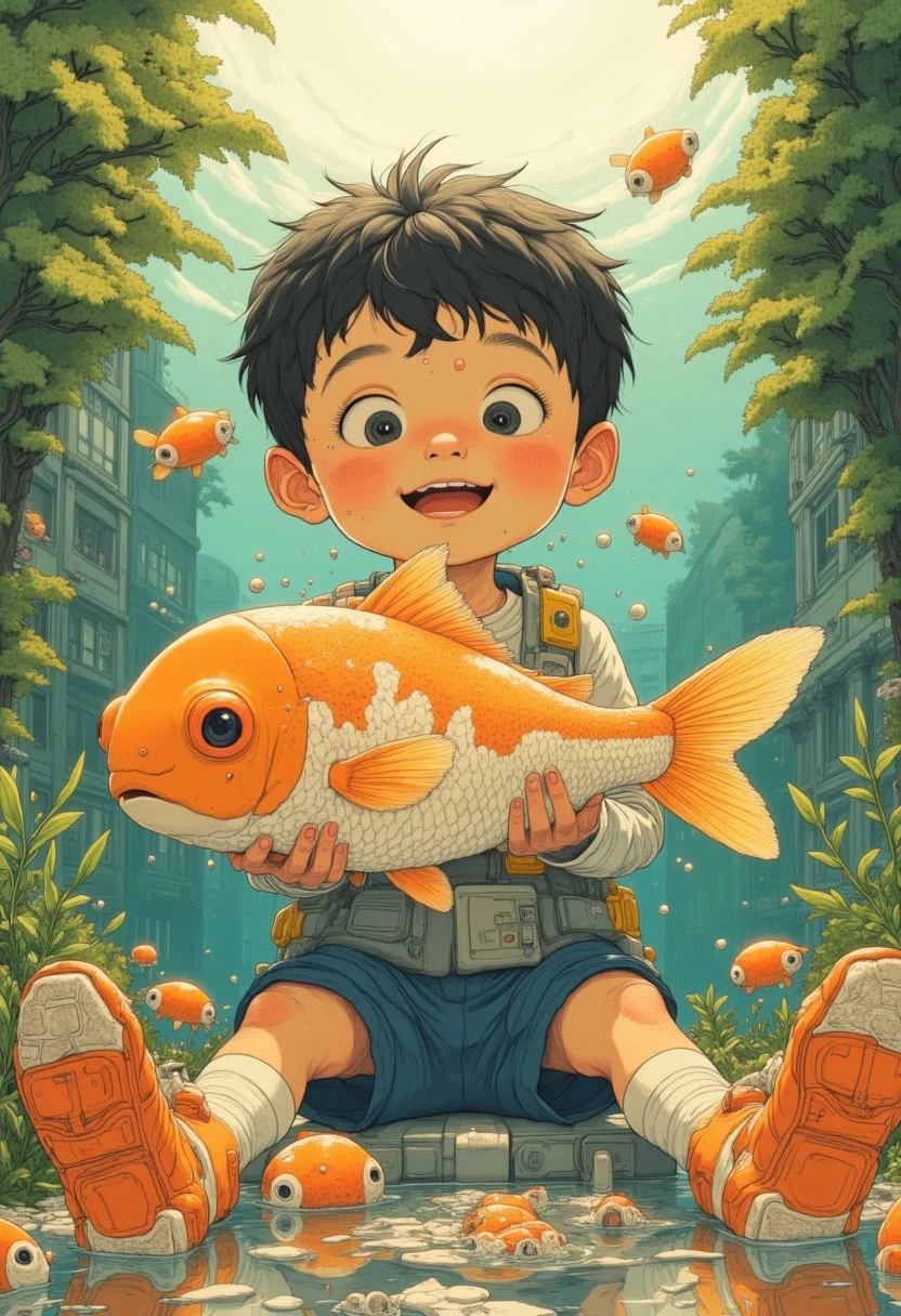 adorable scene of a (cute boy:1.3) holding a (giant goldfish:1.5) in his hands, (bright sunlight:1.2), joyful expression, vibrant colors, lush garden background, whimsical, playful, by (Mary Cassatt:1.1), soft focus, warm lighting, high detail, cheerful atmosphere.