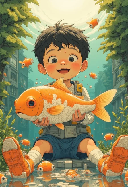 adorable scene of a (cute boy:1.3) holding a (giant goldfish:1.5) in his hands, (bright sunlight:1.2), joyful expression, vibrant colors, lush garden background, whimsical, playful, by (Mary Cassatt:1.1), soft focus, warm lighting, high detail, cheerful atmosphere.