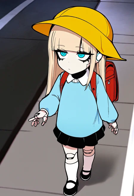 1girl, solo, jdotkdot5, expressionless, jitome, blue eyes, blonde hair, long hair, kindergarten_uniform, child, female child, yellow hat, walking, outdoors, street, randoseru, skirt, mary_janes, white socks, seams, joints, (android:1.1), robot ears, humanoid robot, masterpiece, best quality, newest, absurdres, highres