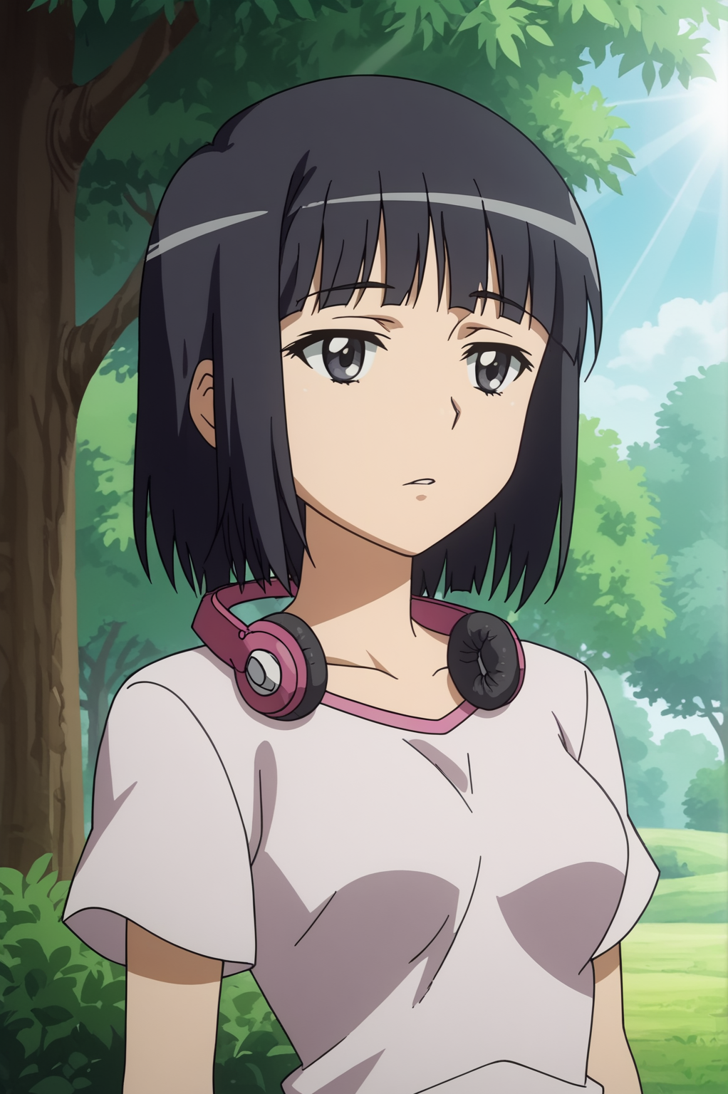 <lora:ANEMEWWW:0.8> Rikou Takitsubo, 1girl, solo, screencap, pillarboxed, 1980s (style), retro artstyle, earphones, sunlight, upper body, headphones, light rays, 1990s (style), splitcolor hair, photoshop, tree, outdoors, bangs, parted lips, sunbeam