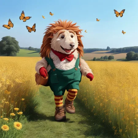 A KippiBenKippod with butterflies flying above is walking in a sunny field <lora:Kippi_Ben_Kippod_SDXL:1.0>