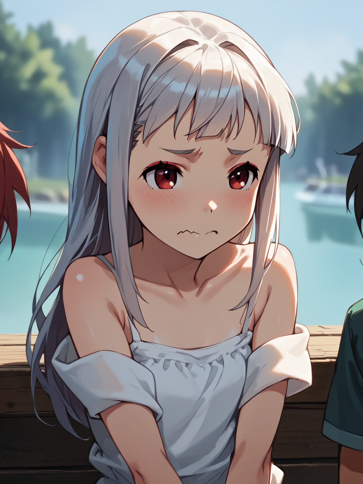 (upper body, solo focus:1.2) <lora:happy_tentacle-ibaraki-v0.1-000025:1>, ht_ibaraki, (blush:0.5), red eyes, bare shoulders, collarbone, sarashi, (purple hair:0.25), long hair, (petite:1.2), <lora:Shed_The_Skin's StS_age_slider_v1_initial_release:-1.5> ( :1.1) ( , , ( :1.2) , (wavy mouth:0.8) , (looking at another:1.2) :1.1) outdoors, vegetation, ( :1.1), summer , (day :0.6), (blue sky:0.6) , ((sidelighting:0.5), (light rays, light particles:0.5) :0.5), (people:1.2) , ( :0.9), (river :1.2) ( :0.8) score_9, score_8_up, score_7_up, score_6_up, score_5_up, score_4_up, ( [(realistic, photorealistic:1.3):(realistic:1.2):16] [(3d:1.2)::14] :1) <lora:LUUNA's Lunas-NijiJourney-SDXL-B2:0.35>, nijijourney <lora:prgfrg23's Counterfeit-V3.0 Style SDXL_LoRA_Pony Diffusion V6 XL:0.6> <lora:mfcg's mfcgXL:0.12> <lora:reweik's gyokai(himehajime)_PonyXL_style_v01:0.14>