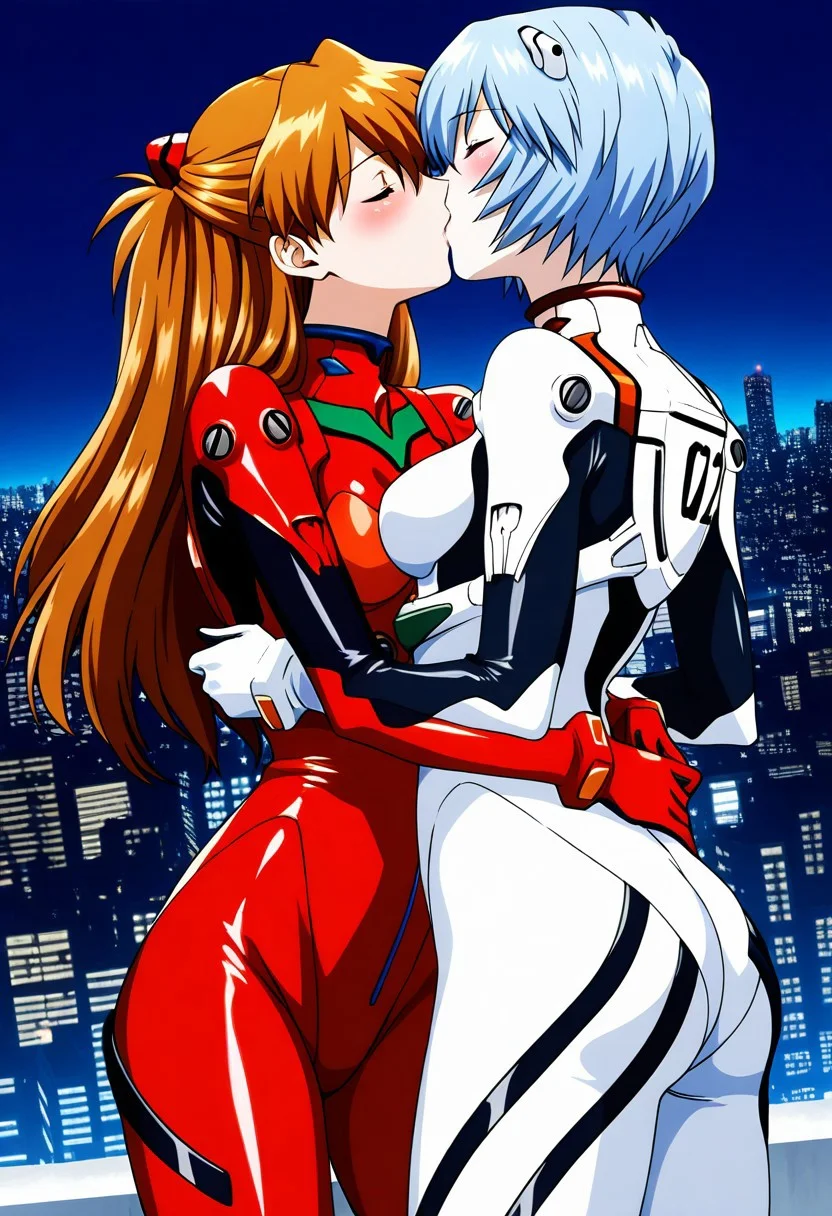 masterpiece, best quality, amazing quality, very aesthetic, absurdres, highres, ultra-detailed, t-rex_studio_animation_style, anime screencap, anime coloring, BREAK
2girls, duo, souryu asuka langley, ayanami rei, plugsuit, red bodysuit, white bodysuit, shiny clothes,
BREAK head tilt, blush, kiss, hug, yuri, sexy pose, dynamic angle, outdoors, cityscape, cowboy shot,