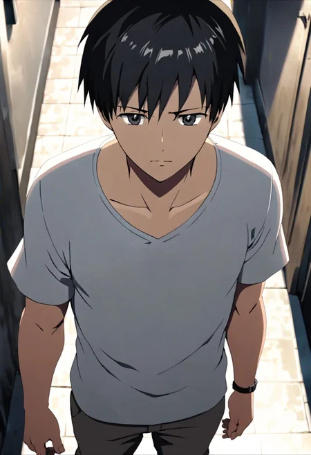 Highres, Masterpiece, High Quality, 4K, 8K, solo, 1Boy, Takaki Toono, adult, black hair, short hair, standing, straight facing upwards, casual, seen from above, arrogant face, dominant, intimidate, easynegative, detailed_eye_model