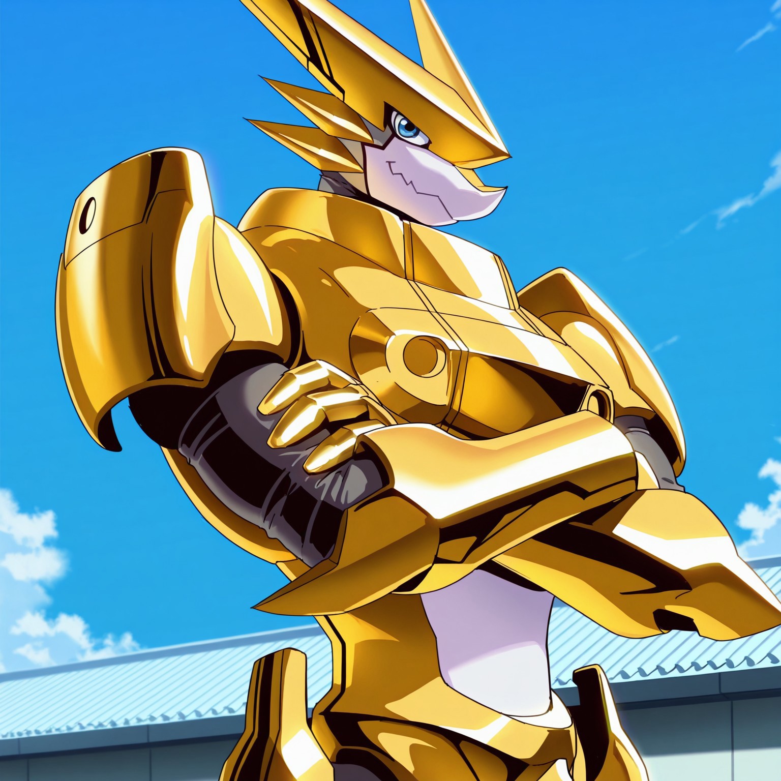 safe_pos, masterpiece, best quality, highly detailed, realistic, 1boy, solo, OmegaShoutmon, furry, anthro, scalie, wingless dragon, blue eyes, white mouth, armor, gold armor, rooftop, afternoon, blue sky, on top of rooftop, detailed background, standing, smile, looking at viewer, closed mouth, arms crossed, upper body, gold fingers, side view