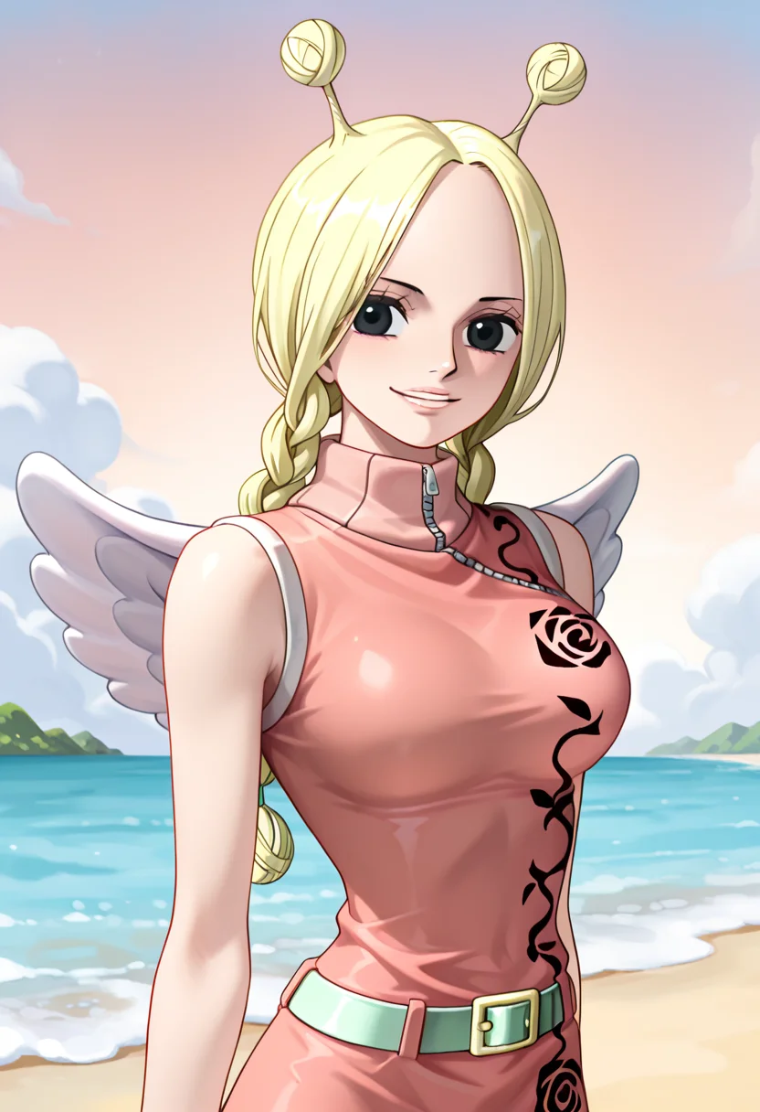 1girl, conis, pink turtleneck dress, green belt, wings, blonde hair, antenna hair, twin braids, ponytail, black eyes, looking at viewer, smile, cute, clouds, beach, nature, detailed background, <lora:Conis_ill_v6:1>, very awa, masterpiece, best quality, newest, highres, absurdres,