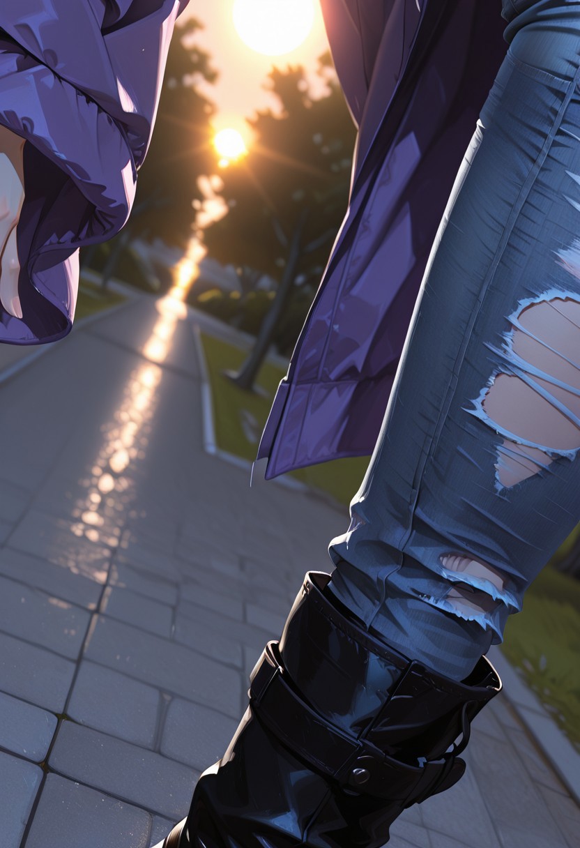 masterpiece, high_quality, highres, park, sun, bright, close-up, extreme close-up, face focus, hand up for shade,
1girl, LillyW, ripped jeans, purple loose oversized jacket, black boots, looking at viewer