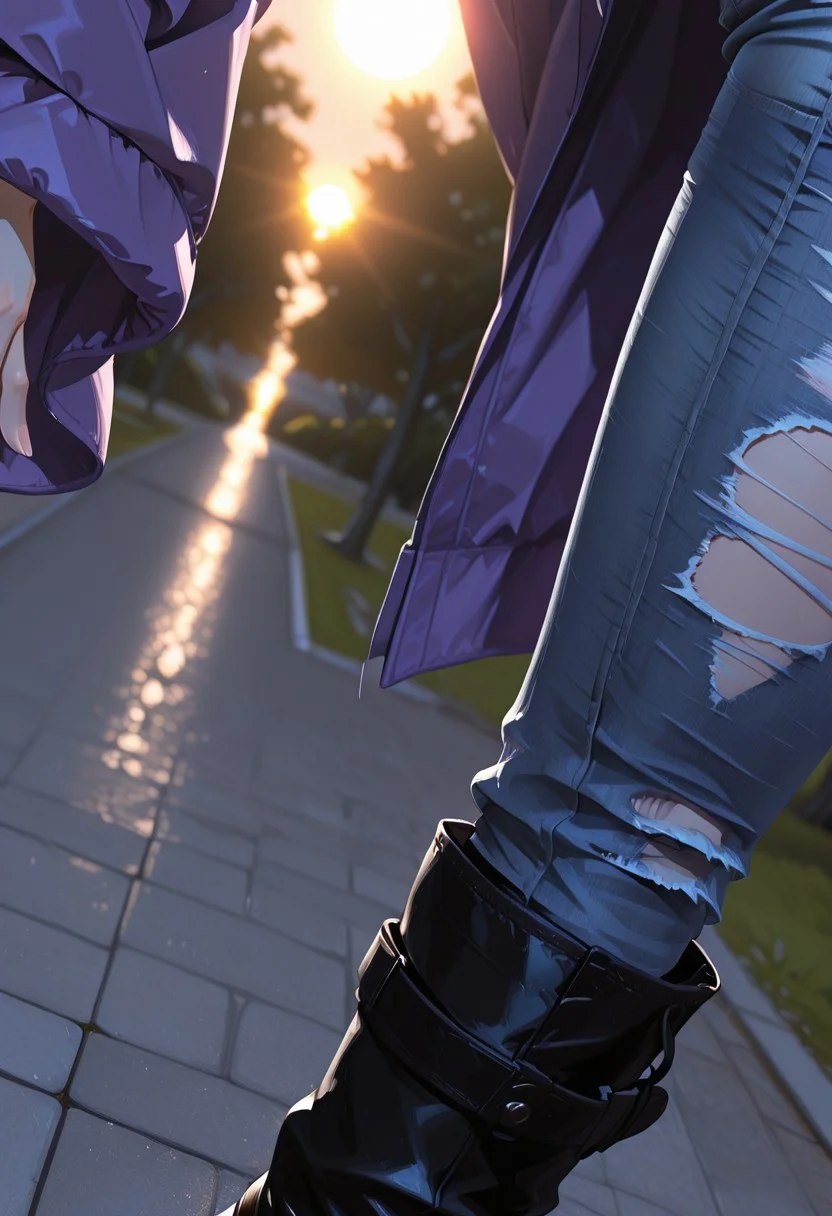 masterpiece, high_quality, highres, park, sun, bright, close-up, extreme close-up, face focus, hand up for shade,
1girl, LillyW, ripped jeans, purple loose oversized jacket, black boots, looking at viewer