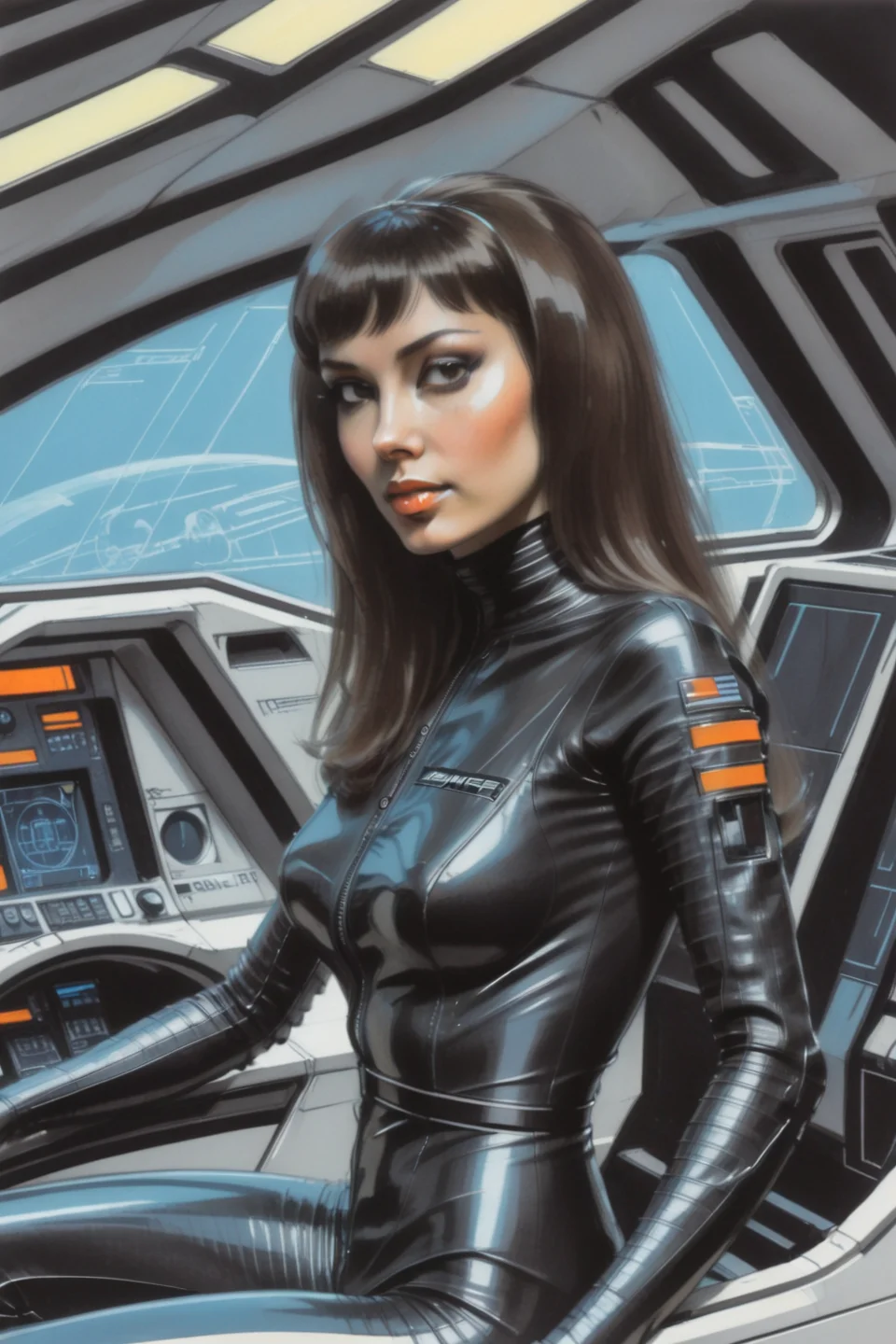 portrait sketch of a woman in black catsuit sitting in futuristic space ship cockpit, concept art by syd mead, blade runner, <lora:concept_art_syd_mead:0.9>
