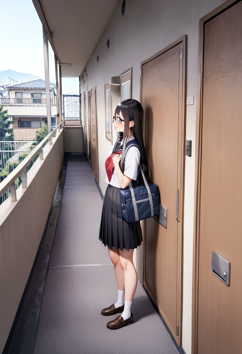 masterpiece, best quality, very aesthetic, absurdres,
1girl, glasses, black hair, long hair, school uniform, school bag, smile, blush, solo focus, standing, looking at another, 
rouka, hallway, scenery, window, building, day, sky, door, outdoors, blue sky, cityscape, city, real world location, 
 <lora:JProuka_apartment_hallway_SDXL_V1:1>