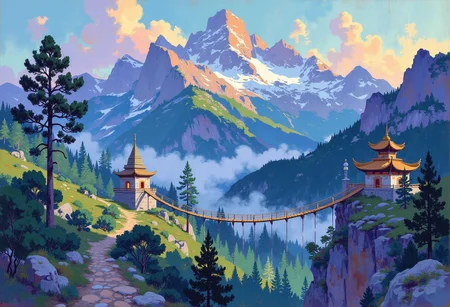 m0d3rn1mpr,
i11ustmin Illustration,
A majestic landscape depicting high snow-capped mountains. In the valleys between the mountains, the forest is covered with fog. Inaccessible ancient oriental temples are located on the slopes of the mountains. The temples are connected by wooden suspension bridges. The temples are covered with colorful exotic paintings. Blue sky with hints of pink and orange on delicate clouds. The forest in the valleys is dark and mysterious. A bizarre surreal landscape in the style of modern impressionism. A magical place.