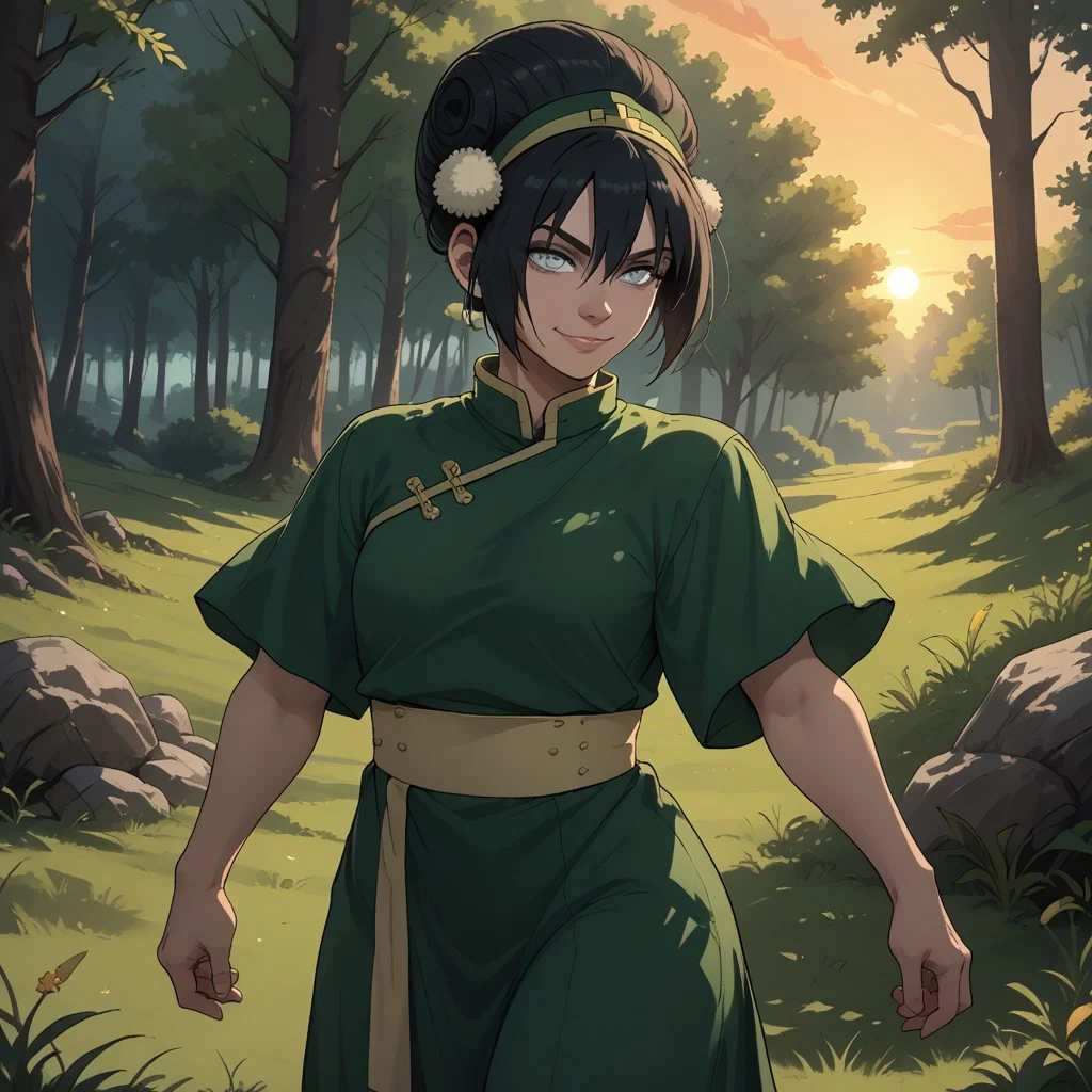 score_9, score_8, BREAK, solo, black hair, short hair, bangs, grey eyes, hair bun, hairband, short sleeves, green tunic, chinese clothes, green baggy capri pants, barefoot, Toph_Bei_Fong_(Avatar), sexy pose, self portrait, smile, outdoors, sunlight, shadows, evening lighting, natural lighting, forest, trees, grass, orange sky, sunset