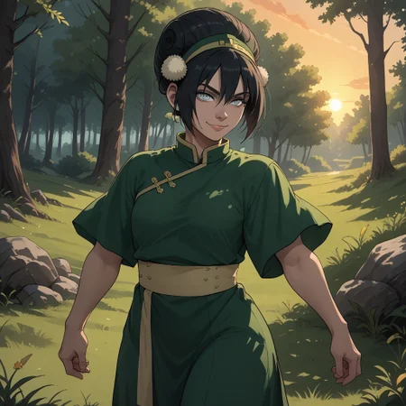 score_9, score_8, BREAK, solo, black hair, short hair, bangs, grey eyes, hair bun, hairband, short sleeves, green tunic, chinese clothes, green baggy capri pants, barefoot, Toph_Bei_Fong_(Avatar), sexy pose, self portrait, smile, outdoors, sunlight, shadows, evening lighting, natural lighting, forest, trees, grass, orange sky, sunset