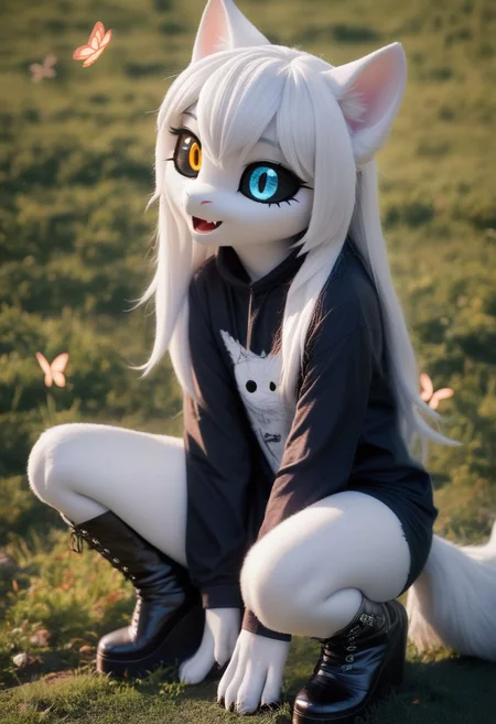 score_9, score_8_up, score_7_up, source_furry, <lora:Odd-eyed cat girl_051_pony:0.8> Odd-eyed cat girl, open_mouth, latex Black top, thigh high platform boots, colored sclera, white hair, long hair, heterochromia, black sclera, Furry, squatting on the grass, severe tail, Butterfly, Cool colors, depth of field, detailed background, photo, photo, photo, Photography <lora:photo_003:0.7>