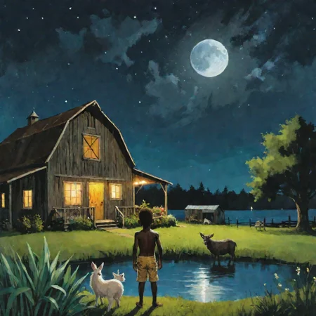 Art photo of a dark skin boy standing outside his home in the night the moon is in the sky and there are a lots of stars in the sky, trees, lake, barn, lots of animals out at night and in the yard there are lots of fruit trees 
, shooting star  across the sky ((full body shots))

