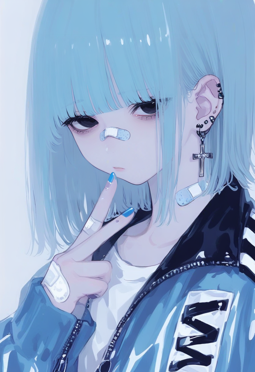 1girl, solo, jewelry, earrings, cross, jacket, cross earrings, ear piercing, blue hair, piercing, bangs, bandaid, upper body, sleeves past wrists, simple background, blue nails, medium hair, nail polish, looking at viewer, long sleeves, black eyes, closed mouth, shirt, blue jacket, hand up, white shirt, bandaid on face, zipper, blunt bangs, blue theme <lora:748cmXL_NB11_lokr_V6311P:0.95>