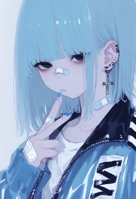 1girl, solo, jewelry, earrings, cross, jacket, cross earrings, ear piercing, blue hair, piercing, bangs, bandaid, upper body, sleeves past wrists, simple background, blue nails, medium hair, nail polish, looking at viewer, long sleeves, black eyes, closed mouth, shirt, blue jacket, hand up, white shirt, bandaid on face, zipper, blunt bangs, blue theme <lora:748cmXL_NB11_lokr_V6311P:0.95>