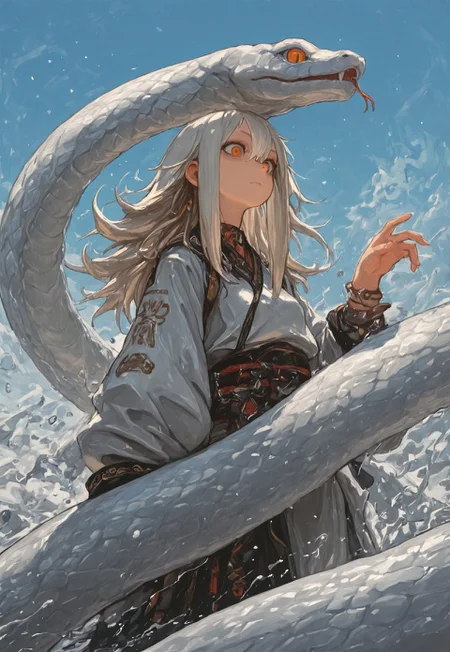 1 girl , solo , massive snake , ridding , long hair , 

masterpiece, best quality, amazing quality, klskx , S4bit4mago_illu , anime style , haruwosi ,