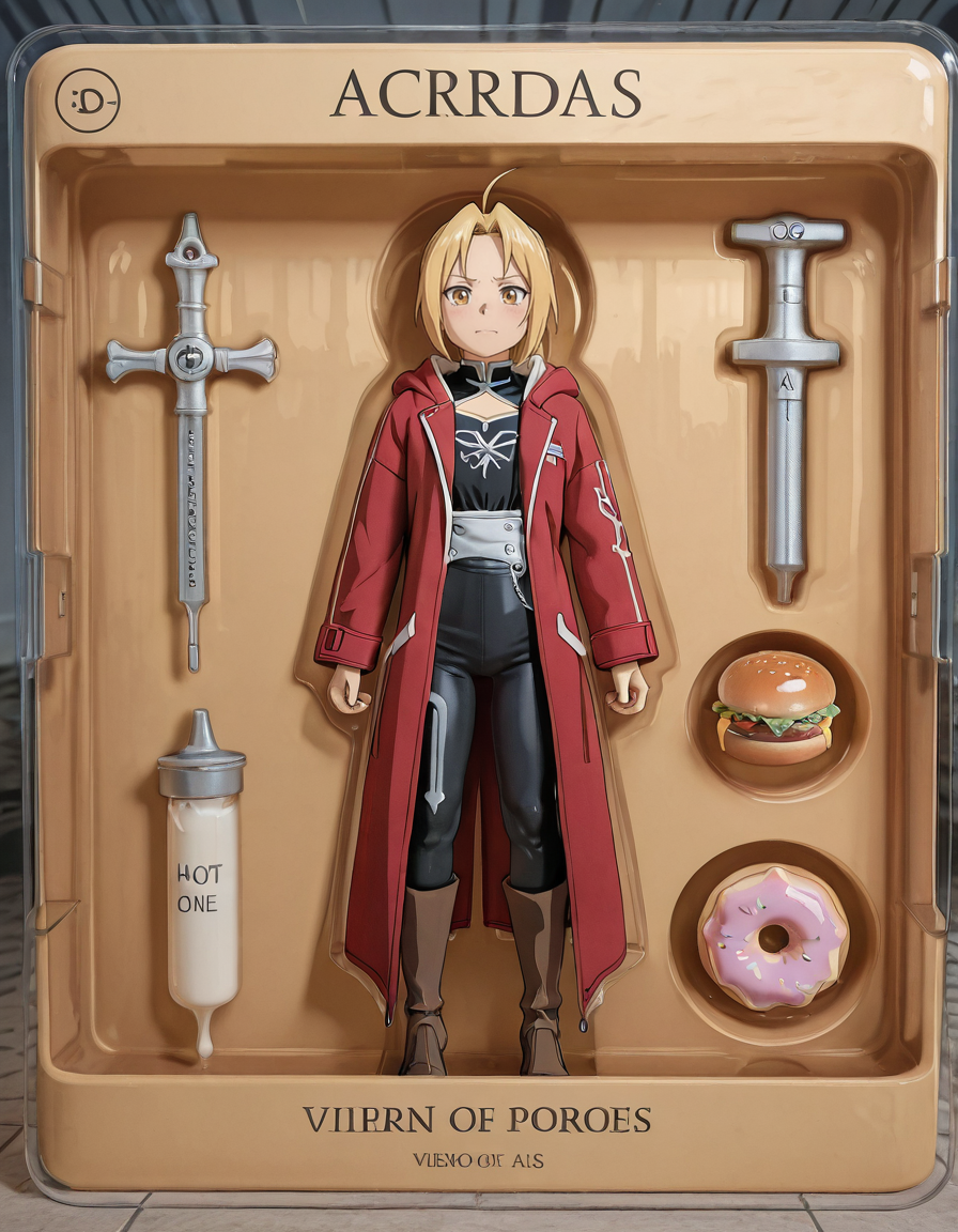 anime artwork masterpiece, best quality,  <lora:ActionFigureQuiron_iLLus:1> actionfigureXXpackQuiron, action figure, full body, Edward Elric (Fullmetal Alchemist): Edward Elric's recognizable red coat is a knee-length garment with a loose, flowing fit. The coat is adorned with silver trim, giving it a distinct alchemical aesthetic. On the back of the coat, there is an embroidered transmutation circle, a symbol of alchemy's power. Underneath the coat, Edward wears a black, long-sleeved undershirt. He pairs the shirt with black pants and brown boots. Edward also wears a silver pocket watch, a significant symbol in the Fullmetal Alchemist series, as alchemists use pocket watches to perform their craft.   , , 1girl, solo,props, accessories,   Maw of Monster, Crescendo of Madness, Eternal Flame,  Burger in Front of Banff National Park: Envision a perfectly cooked burger, with fresh toppings adding a splash of color, against the mesmerizing backdrop of the Rocky Mountains in Banff National Park. The pristine lakes and snow-capped peaks behind accentuate the burger, capturing Canada's unparalleled natural beauty and its passion for great food in a single shot., encased in molded transparent plastic packaging, . anime style, key visual, vibrant, studio anime,  highly detailed
