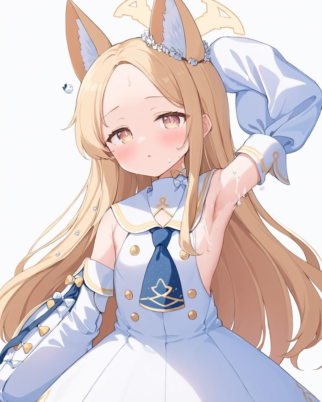 seia \(blue archive\),1girl, solo, white_background, detached_sleeves, halo, simple_background, sleeves_past_fingers, blush, white_dress, white_bird, blue_necktie, looking_at_viewer, armpits, sweat, parted_lips, short_necktie, flower, steam, sleeveless, sailor_collar
<lora:seia_(blue_archive)_image1153_2023-12-03-000014:1>halo. gorgeous,key visual, vibrant, studio anime,award-winning, professional, highly detailed,high budget, cinemascope