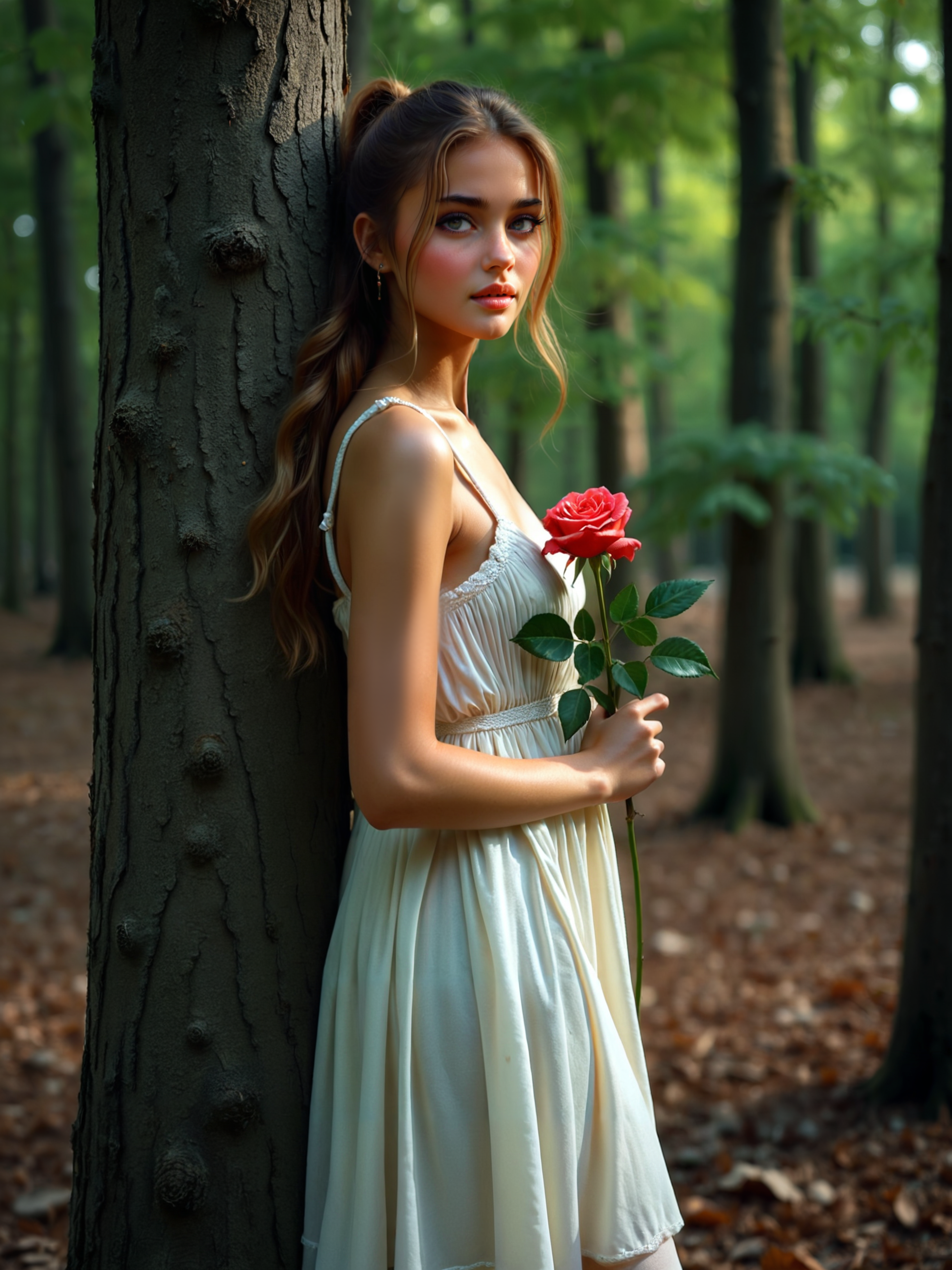 cinematic film still a woman in a dress standing next to a tree in the woods with a green plant growing on it, Elina Karimova, enchanting, a photorealistic painting, romanticism <lora:add-detail-xl:.4> <lora:Flux-style-xl-lora:.5> . shallow depth of field, vignette, highly detailed, high budget, bokeh, cinemascope, moody, epic, gorgeous, film grain, grainy