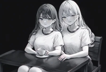 monochrome,tint,limited palette,black background,masterpiece,best quality,amazing quality,very aesthetic,absurdres,newest, happy, sitting on a bench chair, tea table, smirking, wearing t-shirt, holding teacup