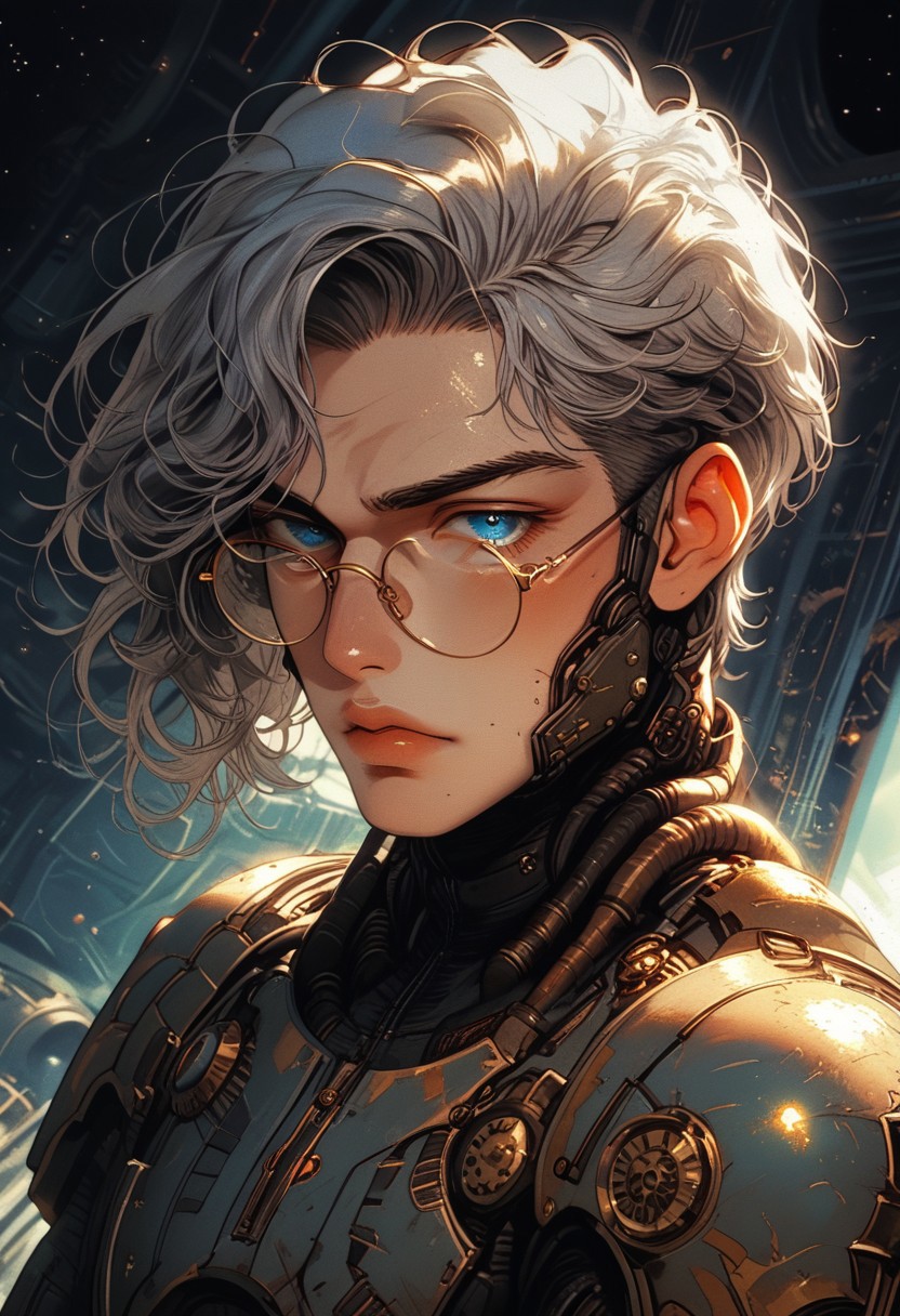 Safe_pos, (score_9, score_8_up, score_8), ultra detailed, high resolution, high quality, masterpiece, intricate details, intricate body, intricate landscape, knva, Expressiveh, European Male, (((1male))), ((male)), source_cartoon, Slender, Handsome, Masculine, ((Grey Hair, Short Hair)), (Circular Eyeglasses), (Undercut), (((Dark Facial Hair, Thick Stubble, Heavy Stubble, Light Beard))), Handsome, (Pale Skin, Delicate and Smooth Skin, Highly Detailed, Strong Jawline), (Blue Eyes), Artificer, (Steampunk Power Armor in the style of fallout-power-armor, space_space, white armor with gold-trim, magic power armor, jewels), Fantasy, Medieval, Steampunk, Space-Suit, Scholar Vibes, ((Extremely Detailed Face and Eyes)), Looking at Viewer, Soft Lighting, Warm Lighting, Unique Angle, Unique Perspective, Dramatic Angle, ((Full Body)), From Above,