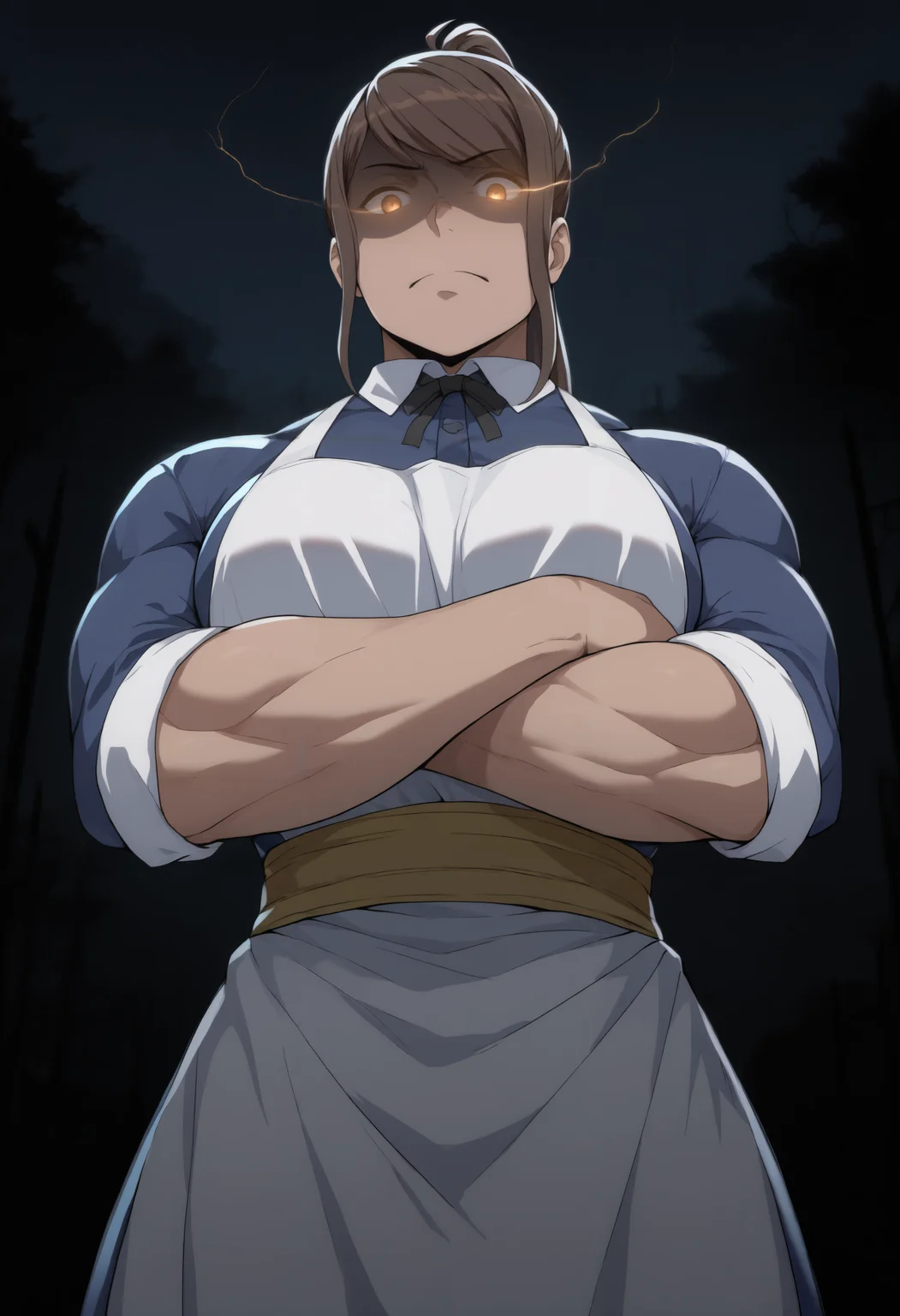 masterpiece, best quality, newest, dark, night, outdoors, 1girl, solo, m1g0, brown hair, long hair, high ponytail, swept bangs, sidelocks, brown eyes, muscular female, white collar, white apron, black ribbon, blue collared dress, sleeves rolled up, yellow sash, glowing eyes, shaded face, disgus, eye trail, light trail, from below, looking at viewer, crossed arms,  <lora:Mia Grand:1>